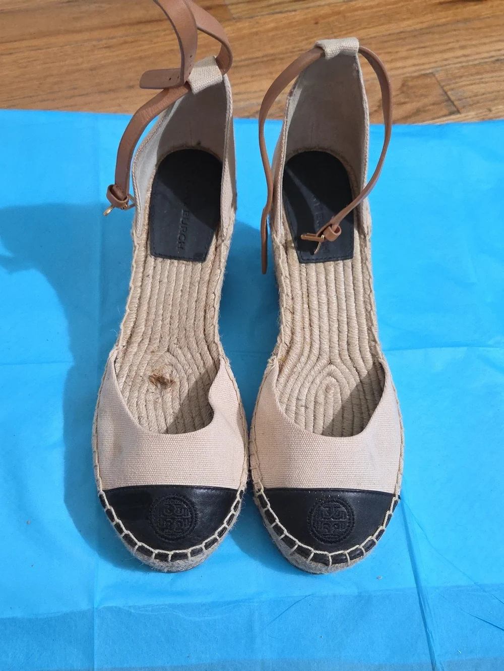 Tory Burch Beige Canvas Espadrille Wedges with Black Cap Toe